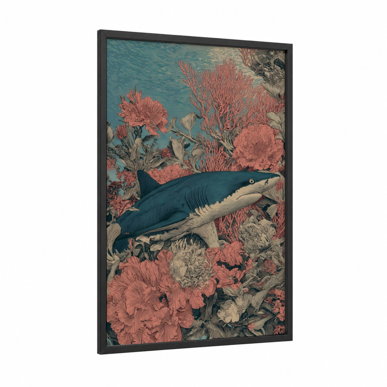 Coral Shark framed blue shark print — black wood frame — teal and salmon pink palette