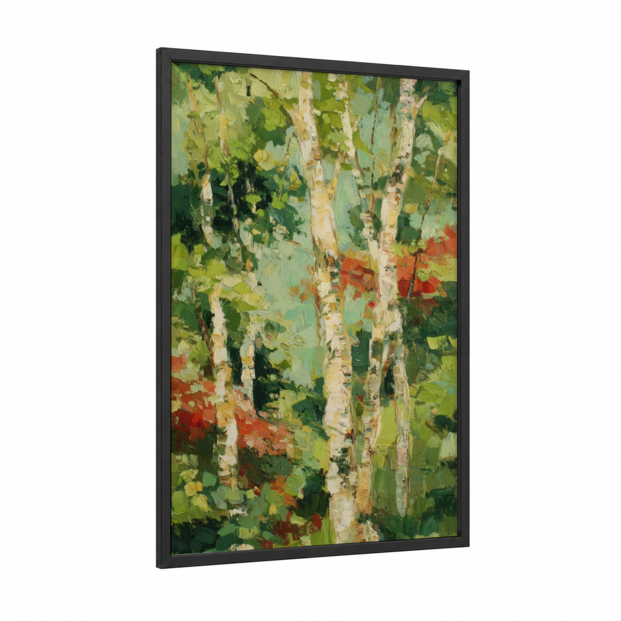 Autumn Birch Forest framed art print — black wood frame — green and gold and pink palette