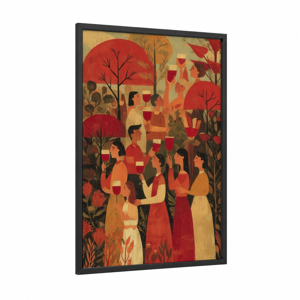 Autumn Wine Gathering framed red wine print — black wood frame — red and gold palette