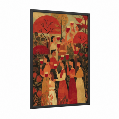 Autumn Wine Gathering framed red wine print — black wood frame — red and gold palette