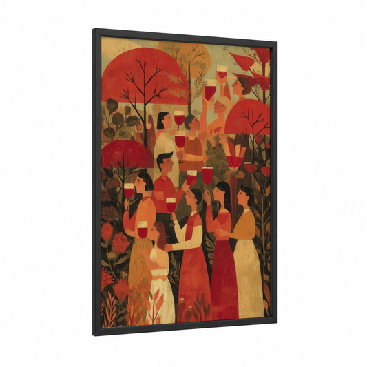 Autumn Wine Gathering framed red wine print — black wood frame — red and gold palette