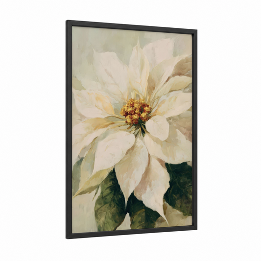 Cream Poinsettia framed poinsettias print — black wood frame — cream and gold palette