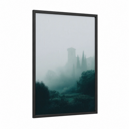Misty Castle Tower framed towers print — black wood frame — gray and teal palette