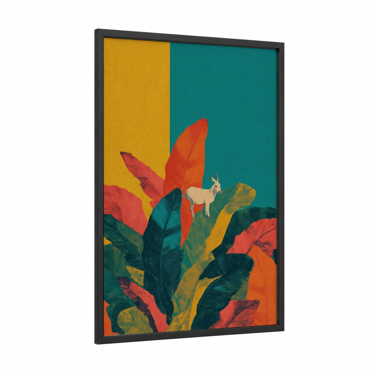 Colorful Mule framed art print — black wood frame — gold and teal palette