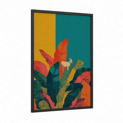 Colorful Mule framed art print — black wood frame — gold and teal palette