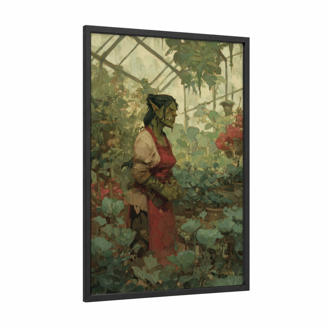 Greenhouse Orc framed art print — black wood frame — sage green and gold palette