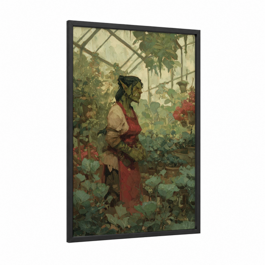 Greenhouse Orc framed art print — black wood frame — sage green and gold palette
