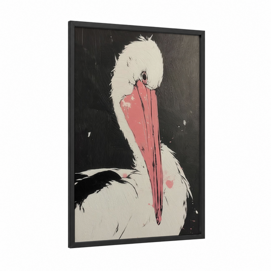 Crimson Pelican framed art print — black wood frame — black and white and salmon pink palette