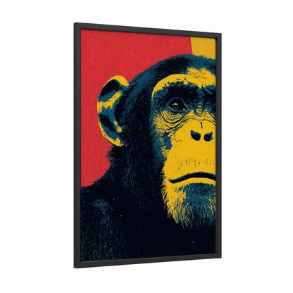Bold Chimpanzee framed art print — black wood frame — red and yellow gold palette