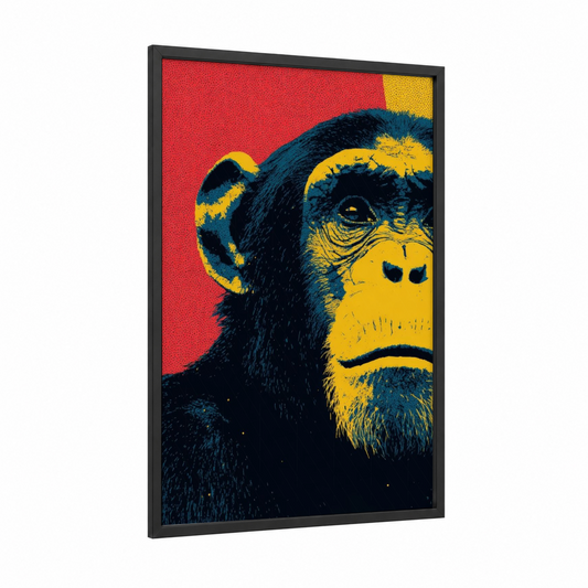 Bold Chimpanzee framed art print — black wood frame — red and yellow gold palette