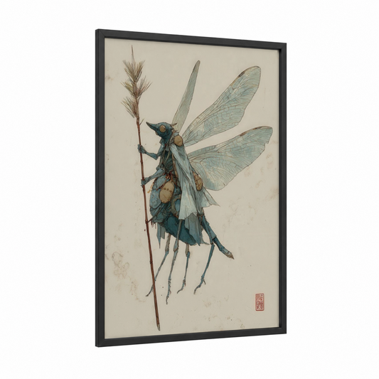 Steampunk Dragonfly framed art print — black wood frame — teal and cream palette