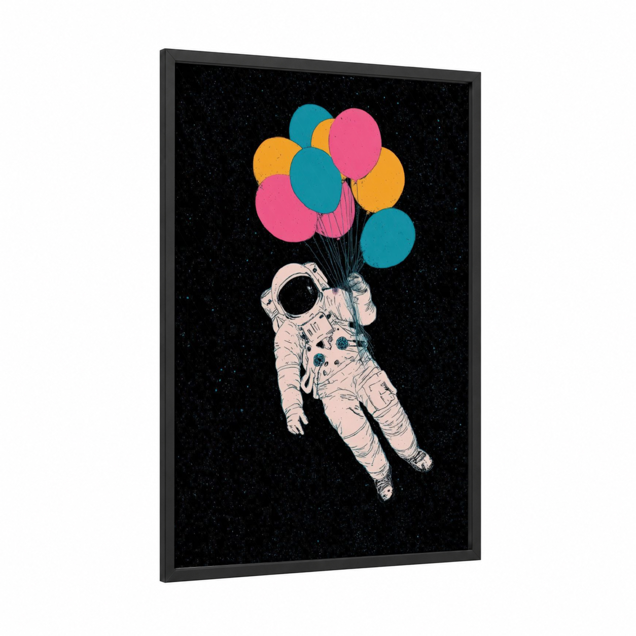 Floating Astronaut framed art print — black wood frame — blue and pink palette
