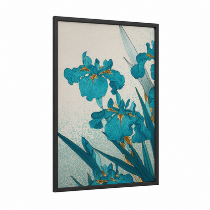 Turquoise Iris Blooms framed amarillys print — black wood frame — teal and gold palette