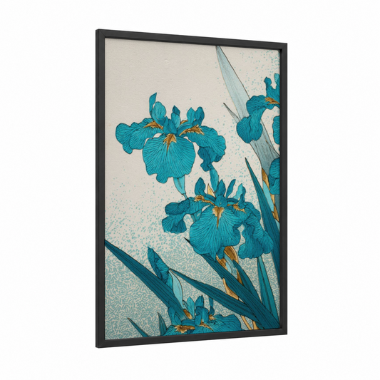 Turquoise Iris Blooms framed amarillys print — black wood frame — teal and gold palette