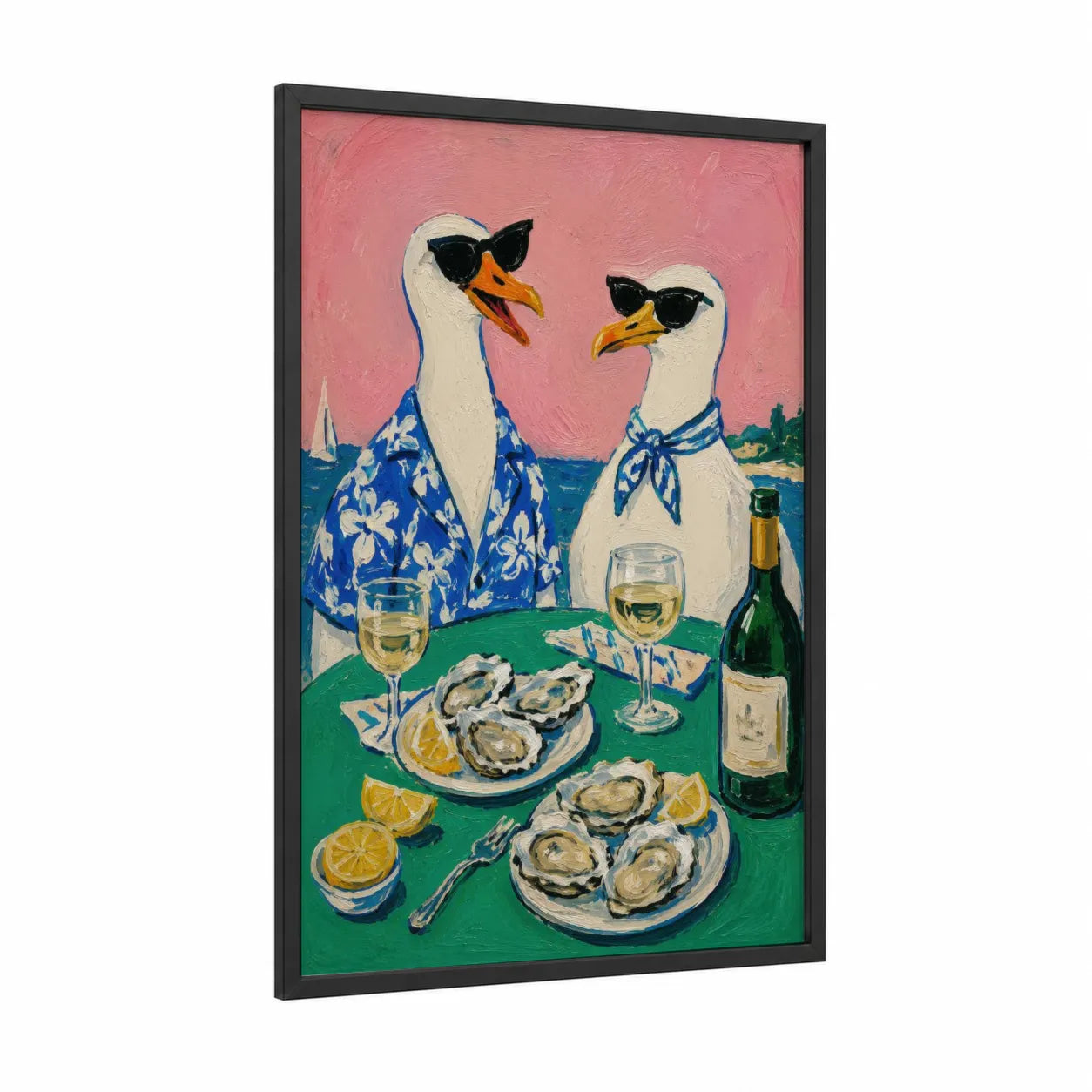 Coastal Seagulls Dining Beachside Wall Art framed art print — black wood frame — pink and blue palette