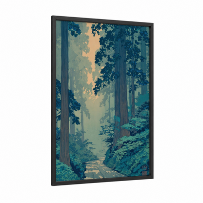 Misty Redwood Cathedral framed redwood tree print — black wood frame — teal and gold palette