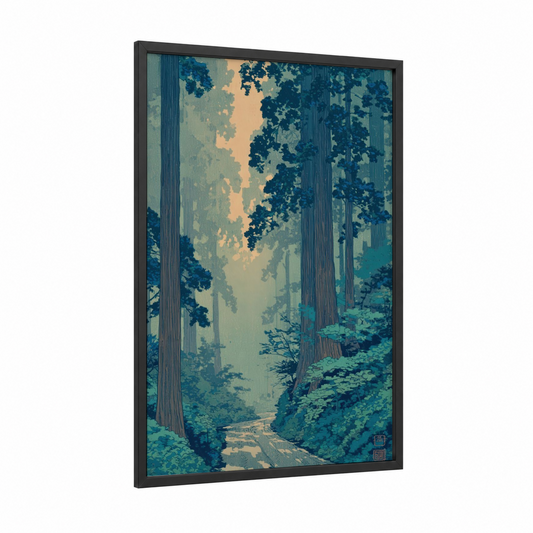 Misty Redwood Cathedral framed redwood tree print — black wood frame — teal and gold palette