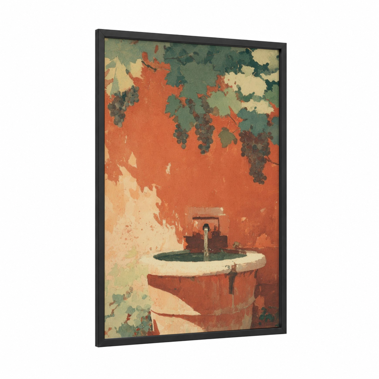 Vintage Fountain framed fountains print — black wood frame — sage green palette