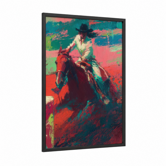 Vibrant Quarter Horse framed art print — black wood frame — red and teal palette
