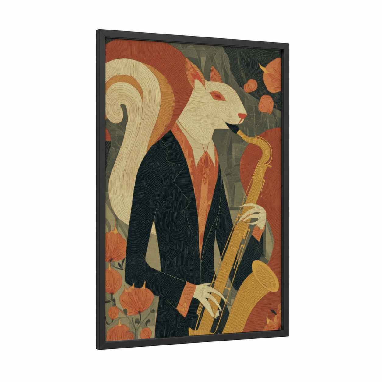 Jazz Squirrel framed art print — black wood frame — russet and cream palette