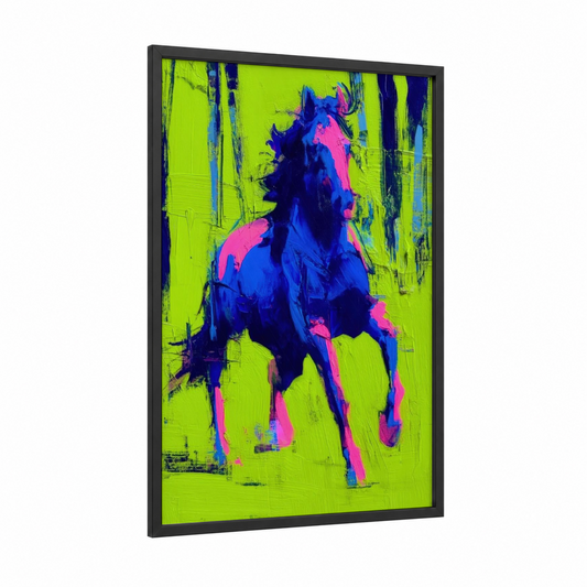 Neon Andalusian framed andalusian horse print — black wood frame — lime green and magenta palette