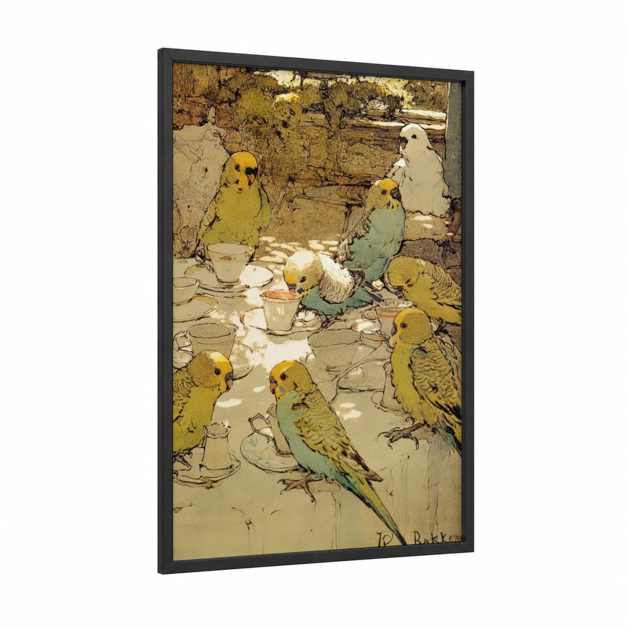 Budgerigar Tea Party framed budgeridar print — black wood frame — gold and cream palette