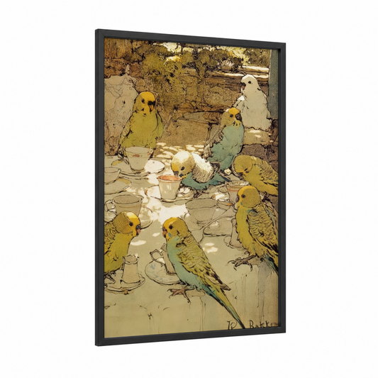 Budgerigar Tea Party framed budgeridar print — black wood frame — gold and cream palette