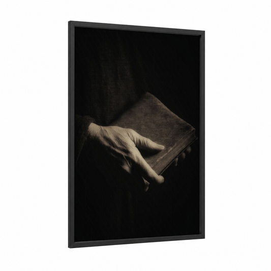 Candlelit Reader framed reading print — black wood frame — black and cream palette