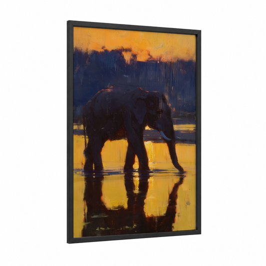 Golden Hour Elephant framed asian elephant print — black wood frame — yellow gold and dark blue palette