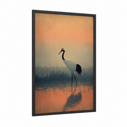 Misty Crane Dawn framed art print — black wood frame — peach and gray palette