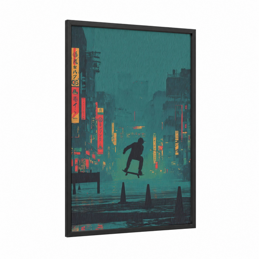 Neon Skateboarder framed skateboarding print — black wood frame — teal and gold palette