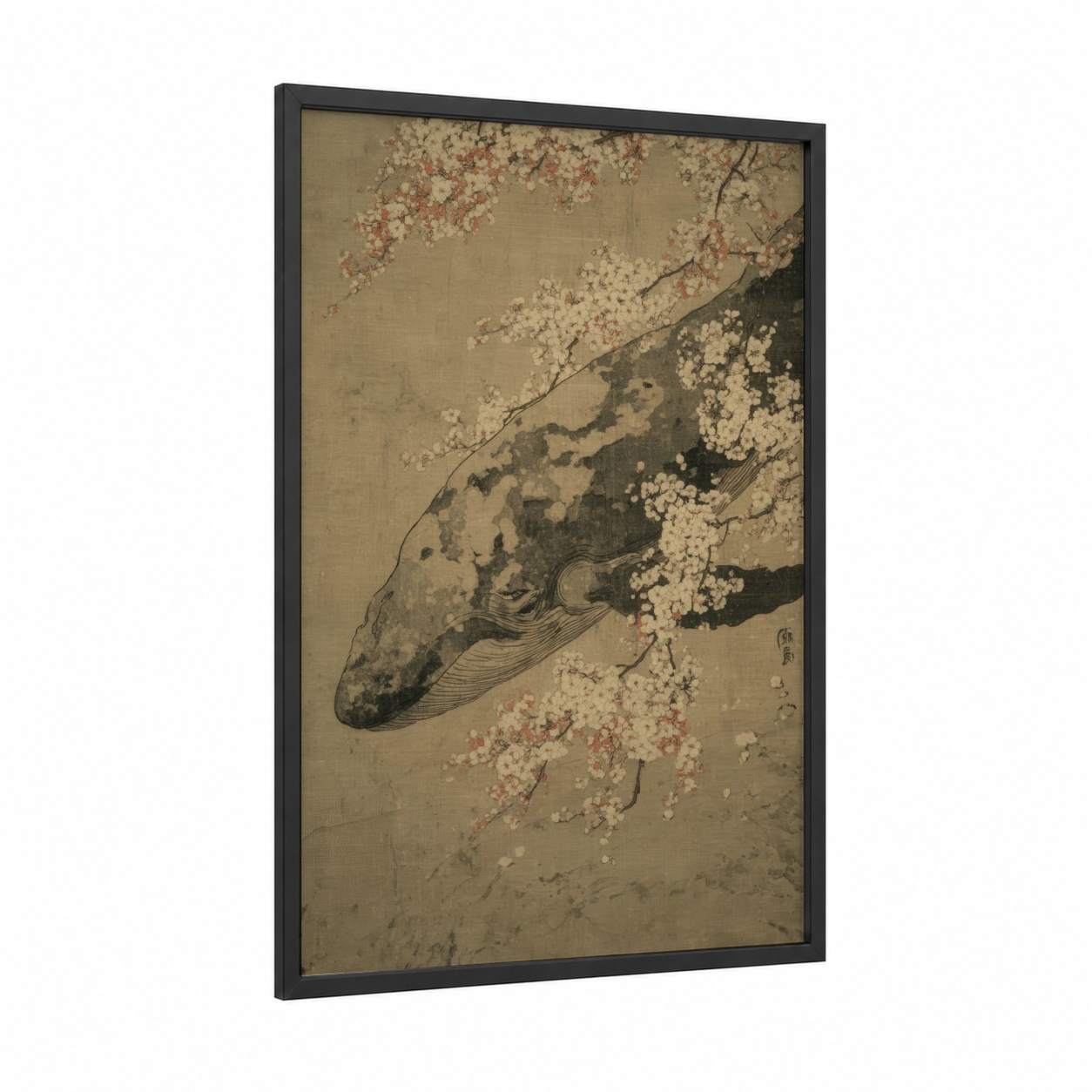 Cherry Blossom Whale framed sperm whale print — black wood frame — cream and peach palette