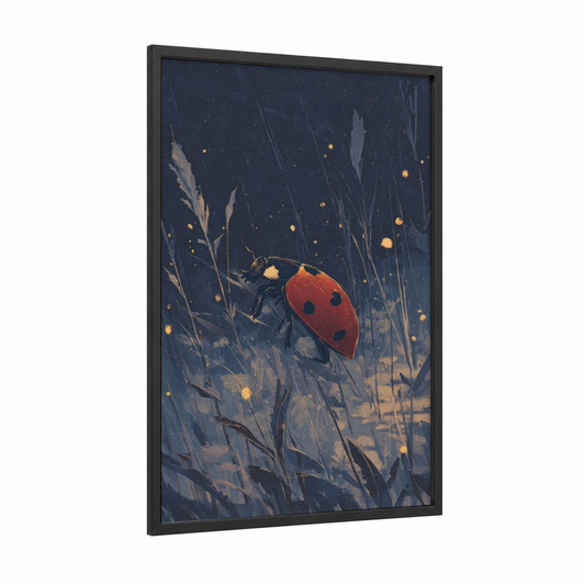 Crimson Ladybug framed art print — black wood frame — dark blue and gold palette