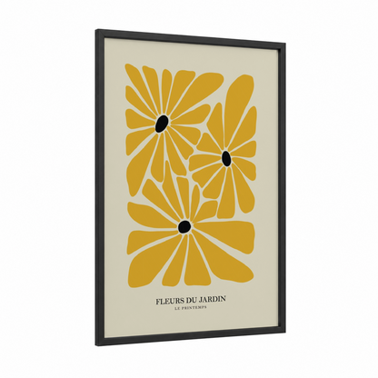 Golden Daisy Trio framed abstract flower print — black wood frame — yellow gold and cream palette