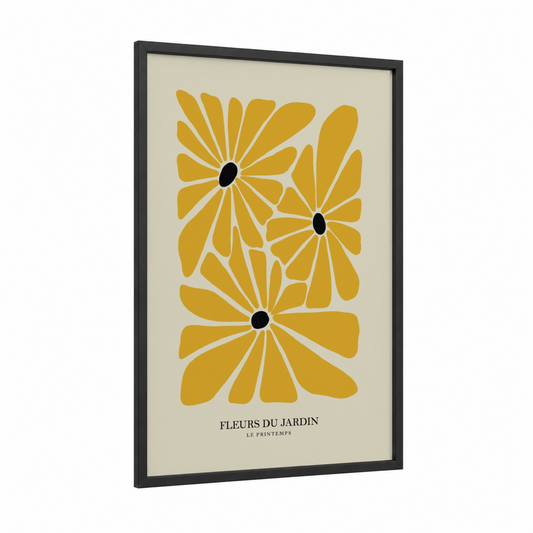 Golden Daisy Trio framed abstract flower print — black wood frame — yellow gold and cream palette