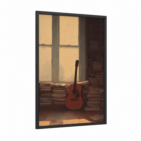 Sunlit Guitar framed acoustic guitar print — black wood frame — gold and brown palette