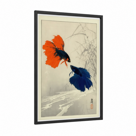 Crimson Duel Bettas framed fighting fish print — black wood frame — orange and dark blue palette