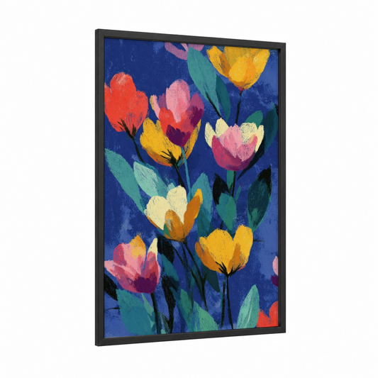Midnight Tulip Garden framed art print — black wood frame — blue and gold palette
