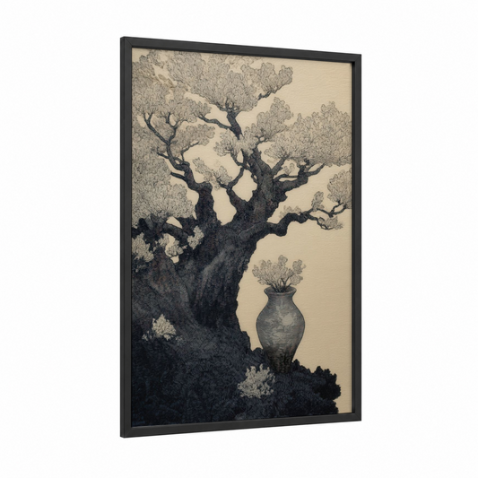 Ancient Baobab framed savanna and desert trees print — black wood frame — black and white and cream palette