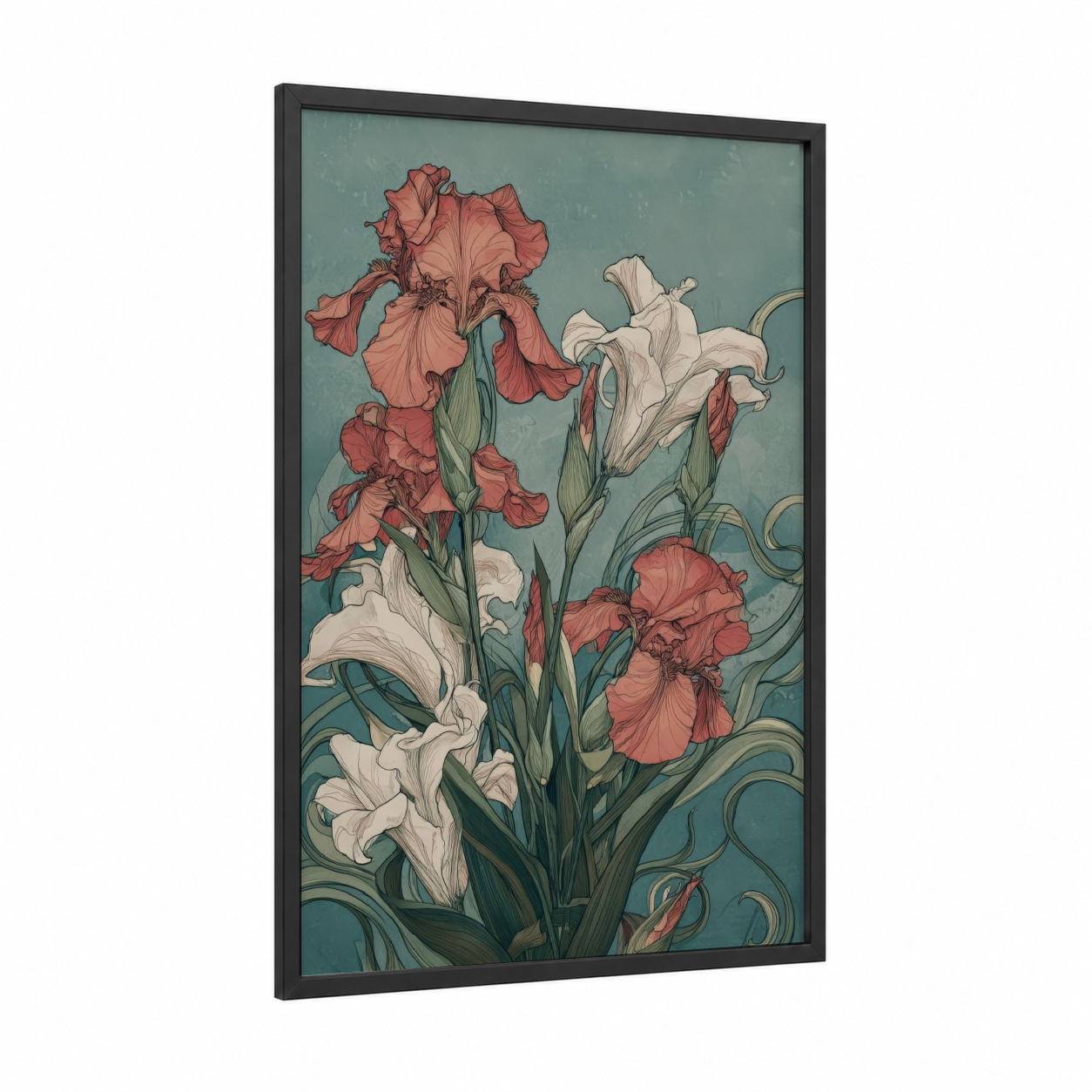 Coral Iris Duet framed art print — black wood frame — teal and salmon pink palette
