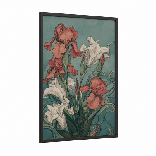 Coral Iris Duet framed art print — black wood frame — teal and salmon pink palette