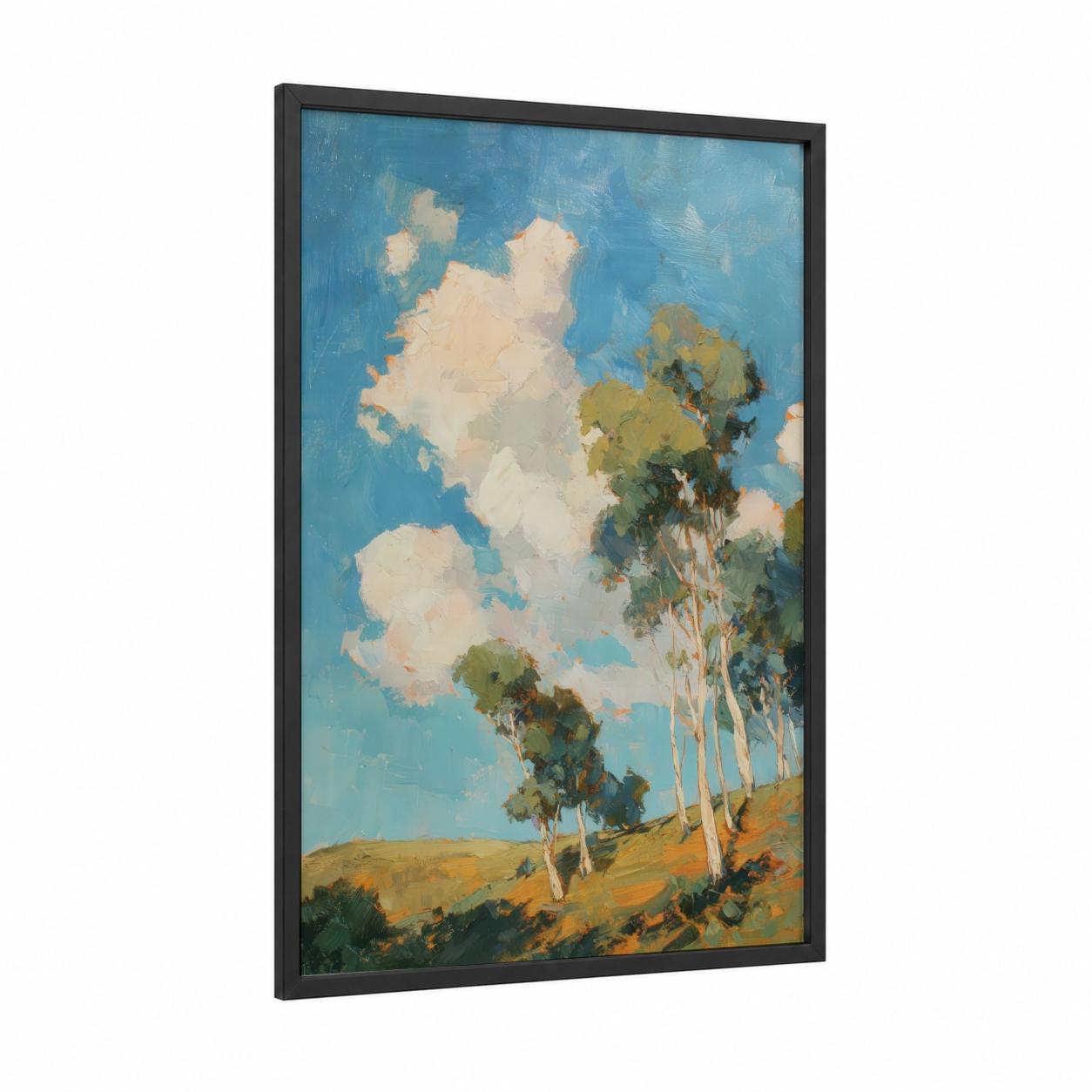 Golden Eucalyptus framed eucalyptus forest print — black wood frame — blue and gold palette