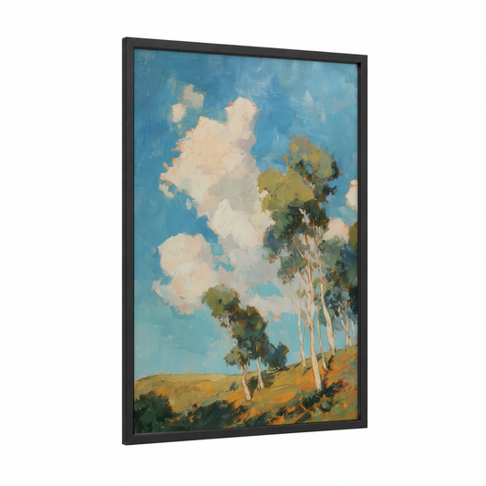 Golden Eucalyptus framed eucalyptus forest print — black wood frame — blue and gold palette