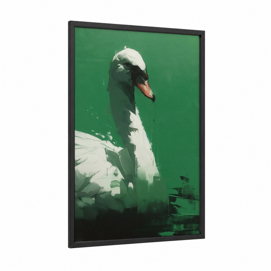 Emerald Swan framed art print — black wood frame — true green and white palette