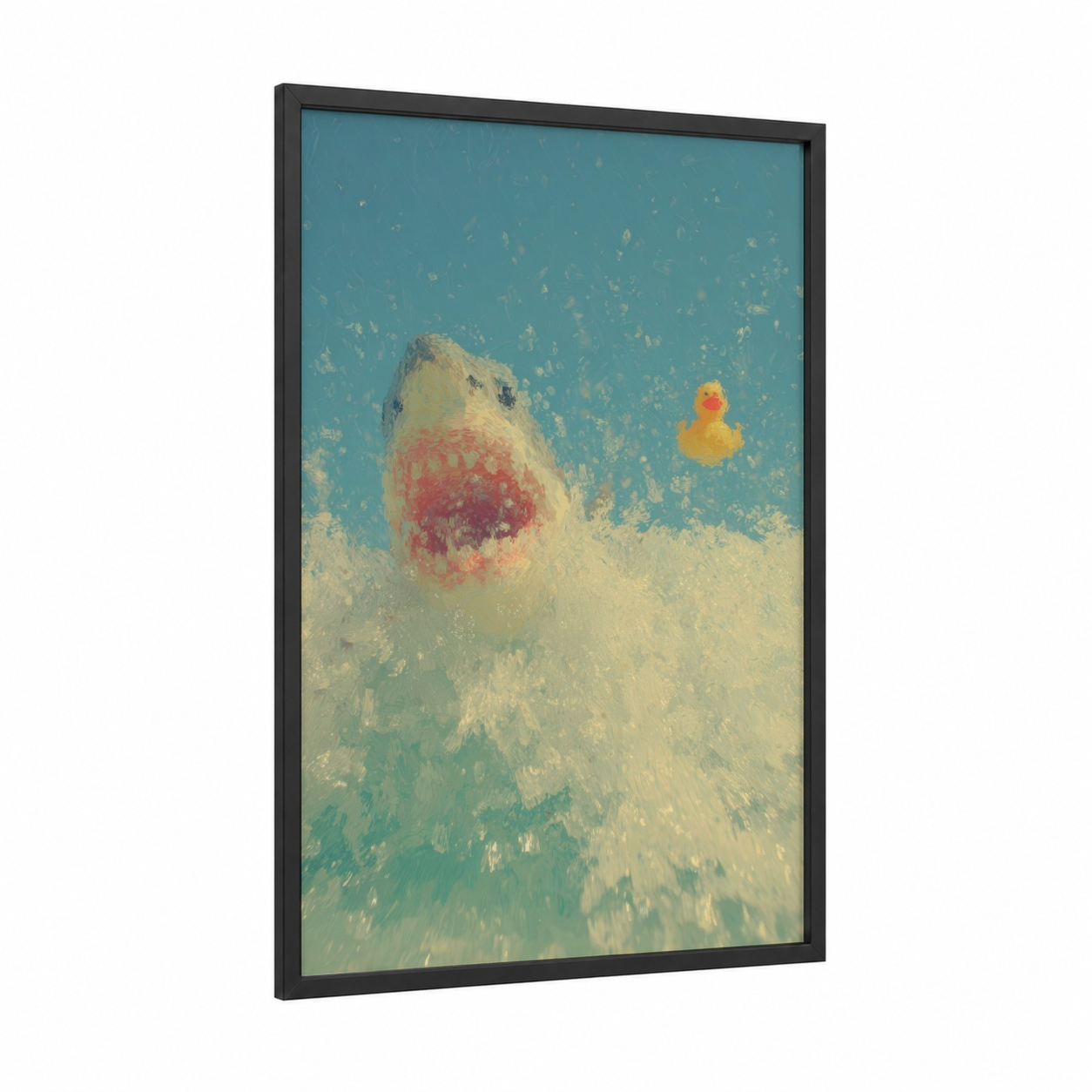 Playful Shark Bath framed bull shark print — black wood frame — teal and cream palette