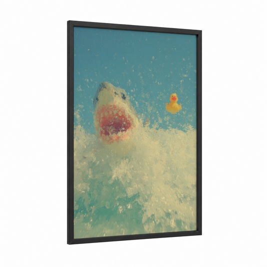 Playful Shark Bath framed bull shark print — black wood frame — teal and cream palette