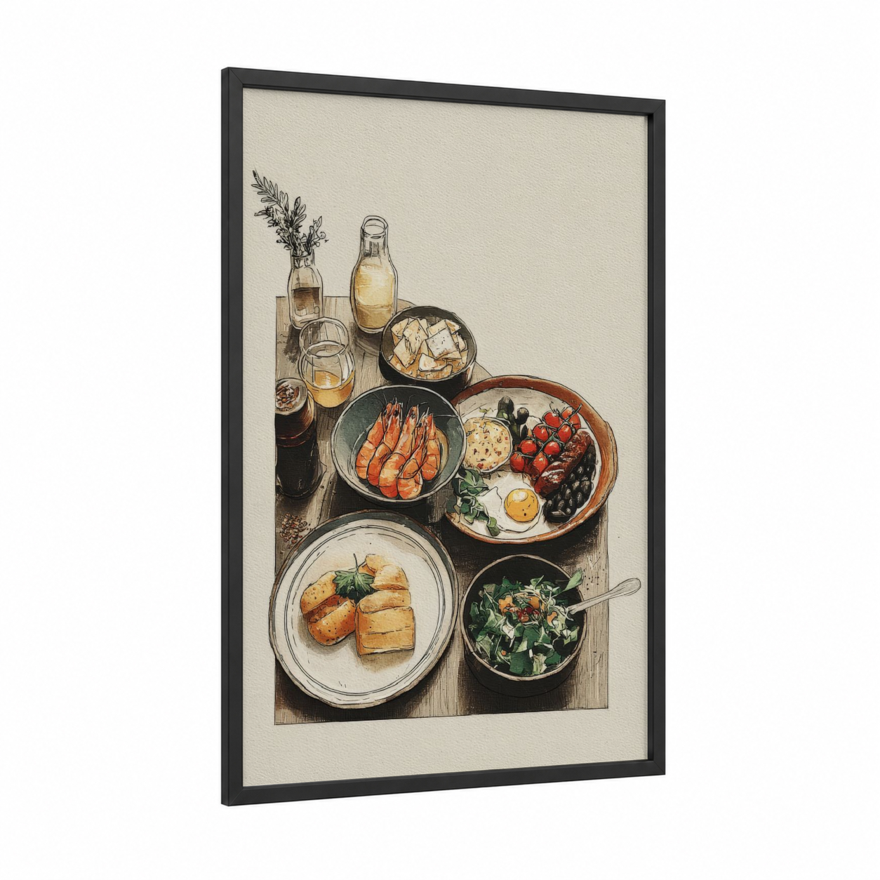 Gourmet Breakfast Spread framed art print — black wood frame — cream and gold palette