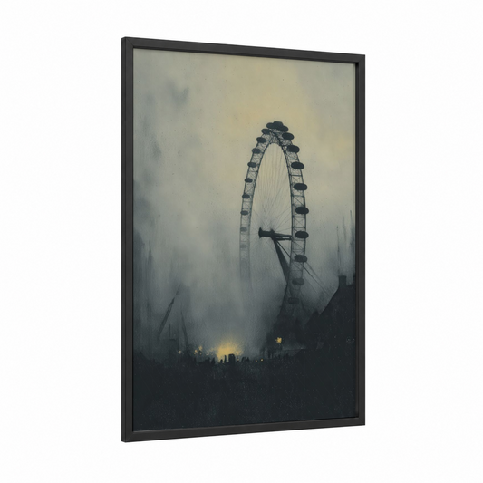 Misty London Eye framed art print — black wood frame — gray and gold palette