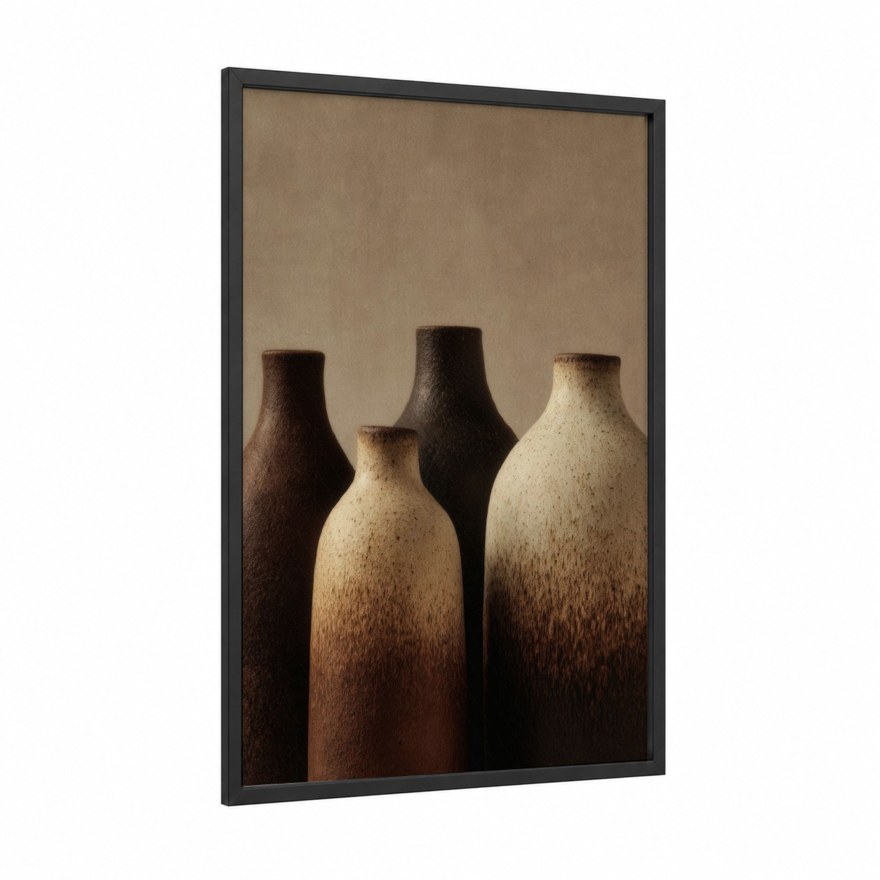 Earthy Pottery Vessels framed art print — black wood frame — brown and cream palette