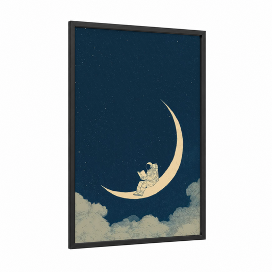 Lunar Reader framed astronaut print — black wood frame — dark blue and cream palette